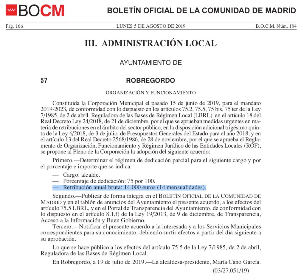 Sueldo alcaldesa Robregordo - 2